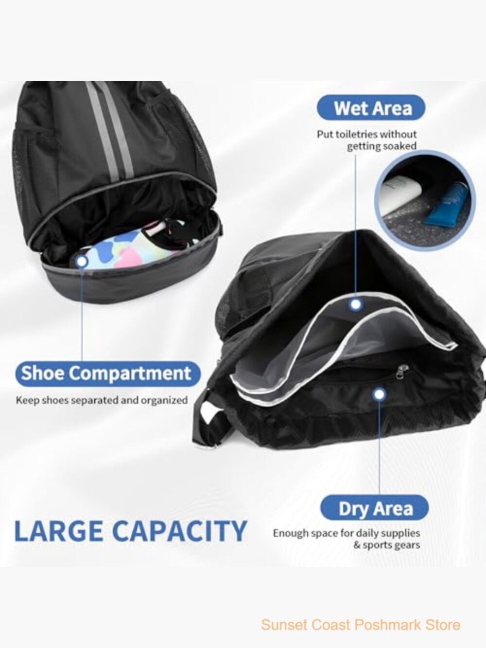 Water-Resistant Drawstring Backpack with Shoe Compartment - Picture 3 of 7